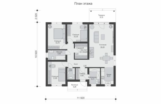 Одноэтажный дом с тремя спальнями и террасой